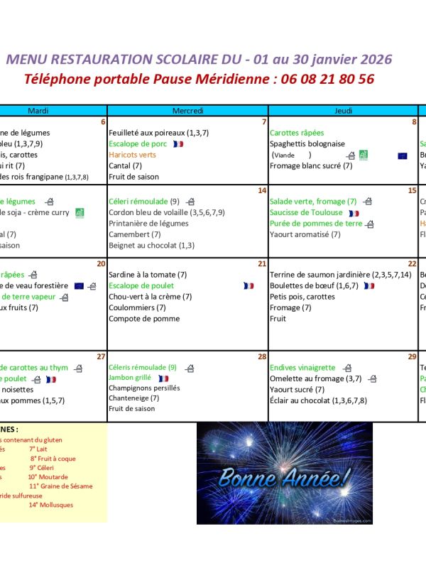 menu du mois de Janvier 2026