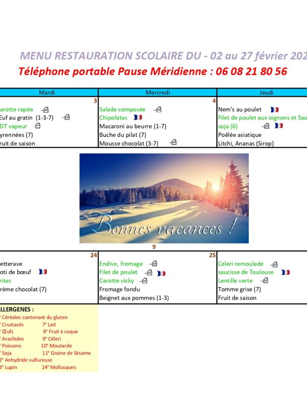 menu du mois de février 2026