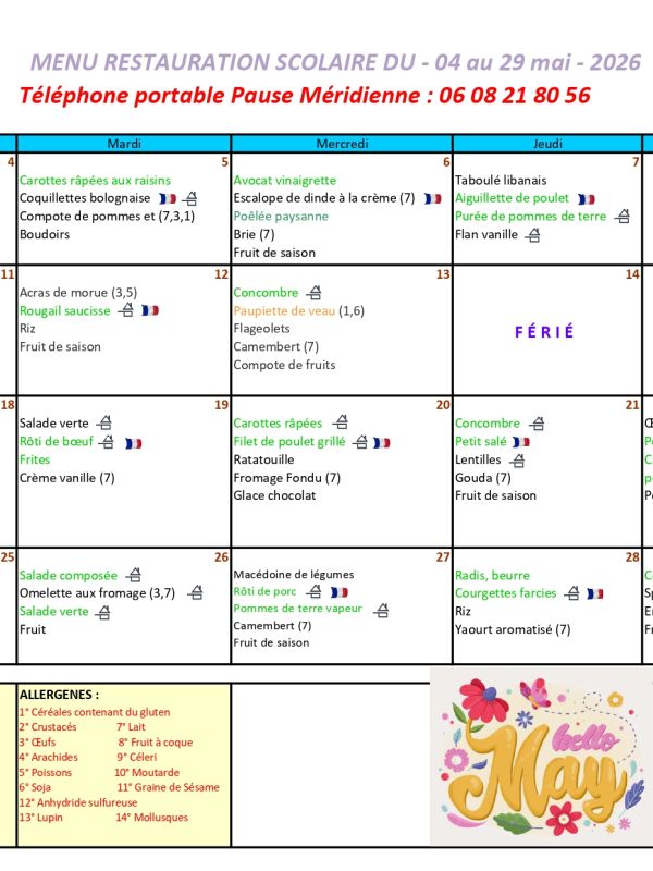 menu du mois de Mai 2026