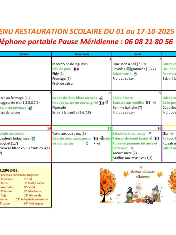 menu du mois de octobre 2025