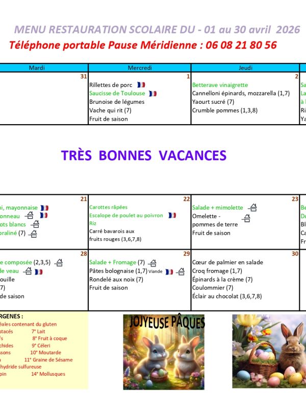 menu du mois d'avril 2026