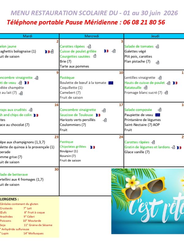 menu du mois juin 2026
