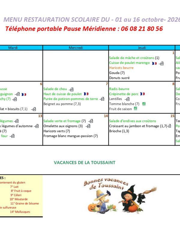 menu du mois OCTOBRE 2026