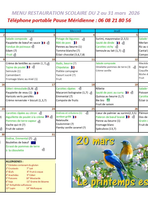 menu du mois de Mars 2026