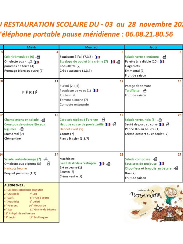 menu du mois de novembre 2025