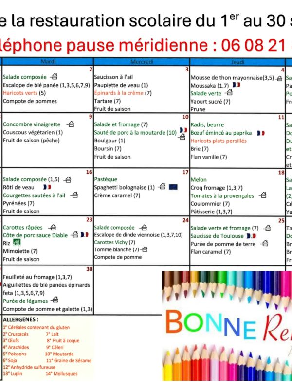 menu du mois de septembre 2025