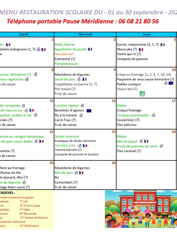 menu du mois de Septembre 2026